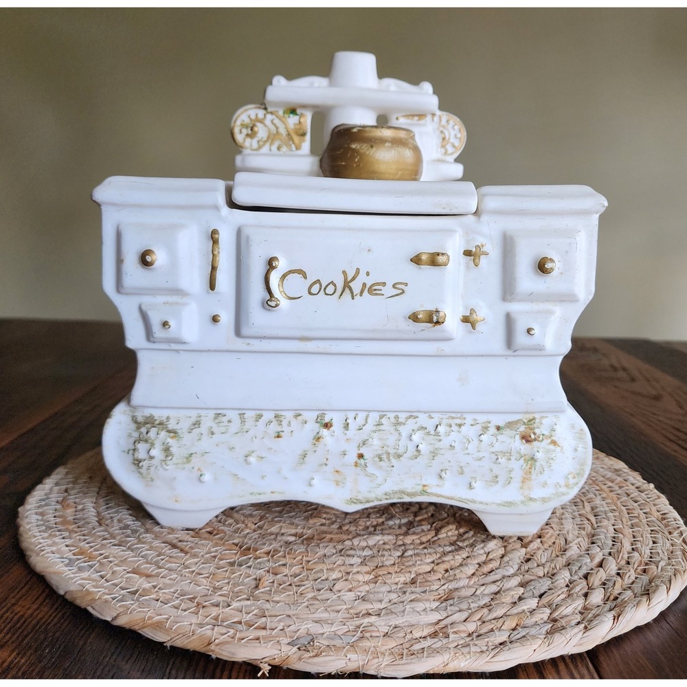 McCoy Pottery Cook Stove Cookie Jar Vintage 1960s White Gold Good Wood-Burning